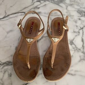 Prada Tan Leather T-Strap Sandals